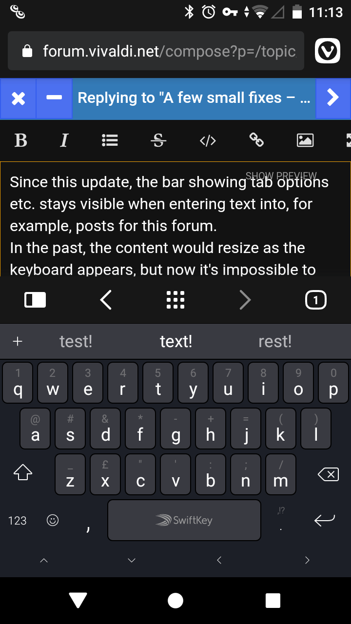 Vivaldi Android screen grab showing issue when keyboard appears