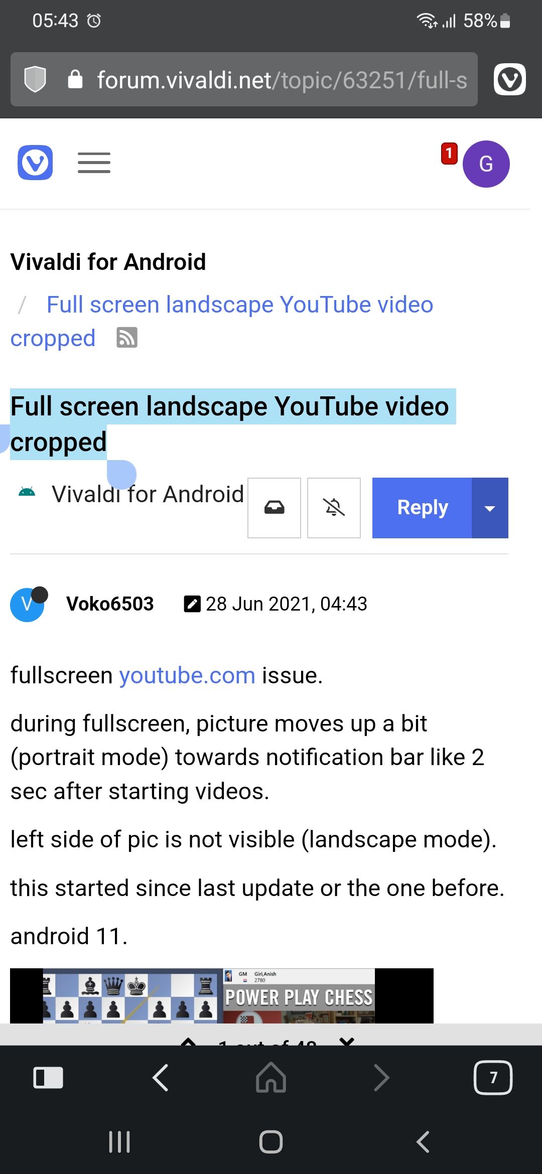 Full screen landscape YouTube video cropped (plus old bugs?) | Vivaldi Forum