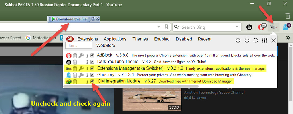 idm panel not showing in chrome youtube